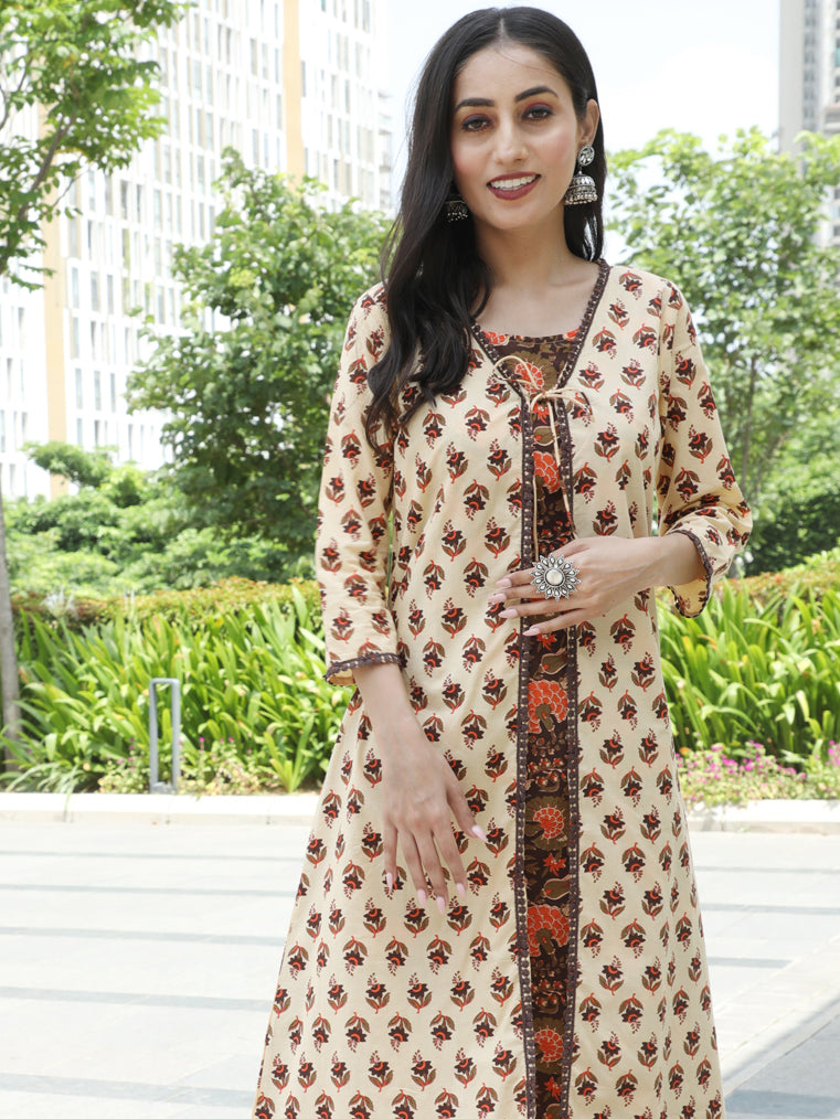 Brown Floral Print Layered Kurta With Palazzo