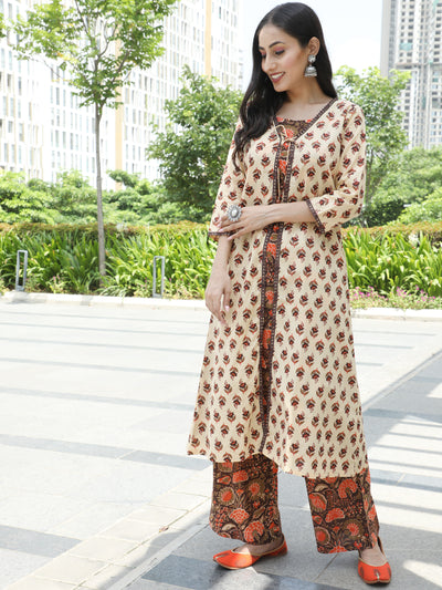 Brown Floral Print Layered Kurta With Palazzo