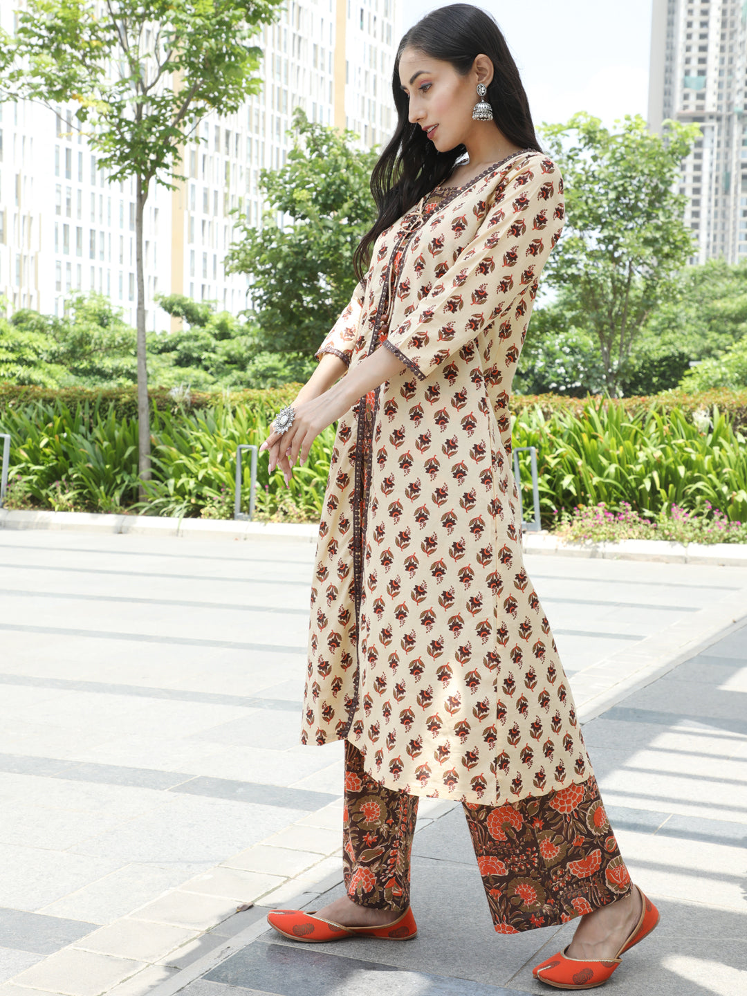 Brown Floral Print Layered Kurta With Palazzo