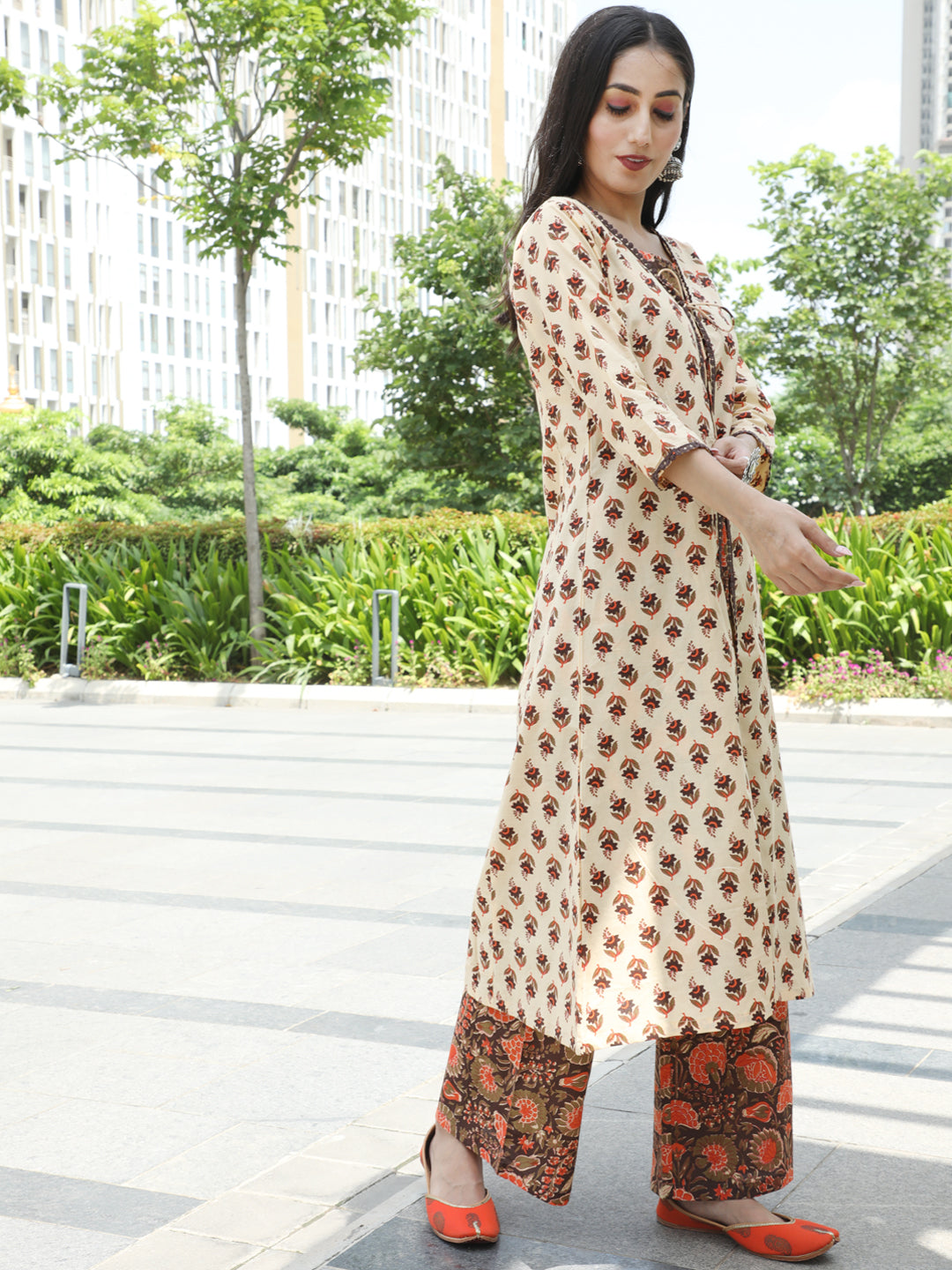 Brown Floral Print Layered Kurta With Palazzo