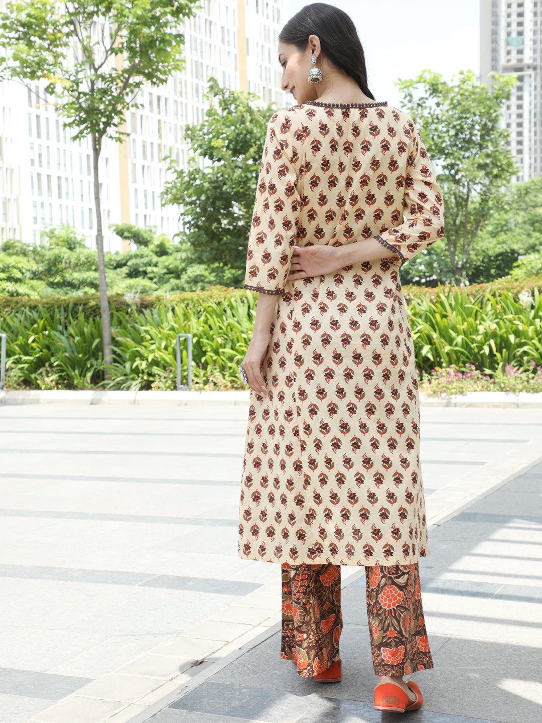 Brown Floral Print Layered Kurta With Palazzo