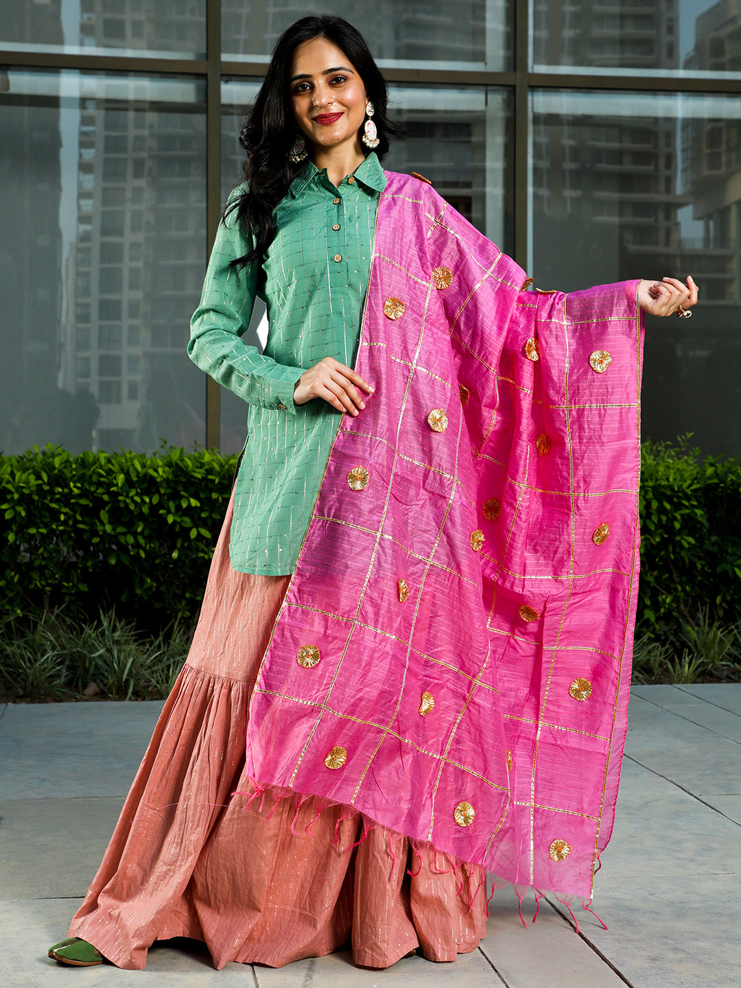 Green & Pink Sequin Lehenga Choli With Dupatta