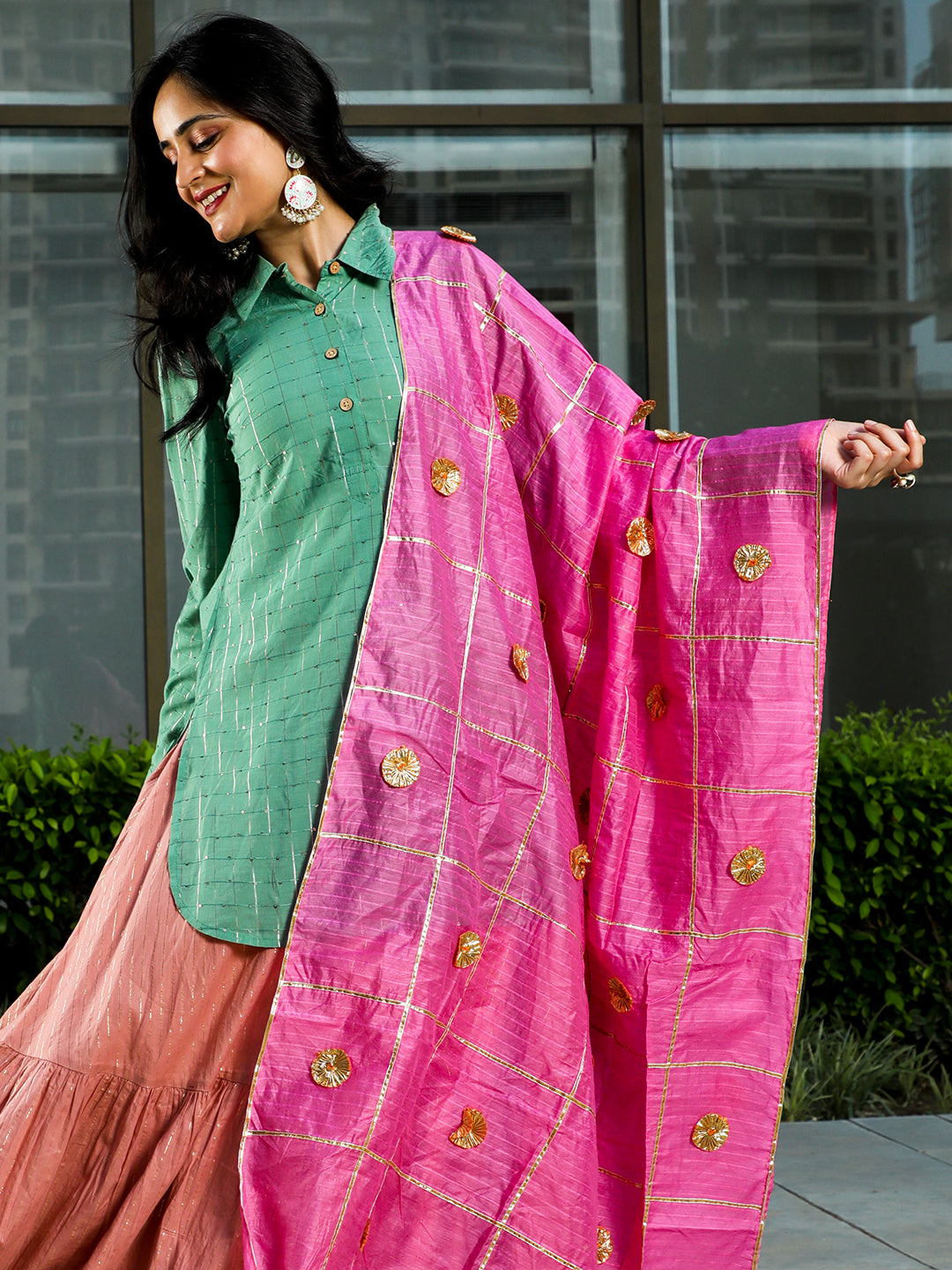 Green & Pink Sequin Lehenga Choli With Dupatta