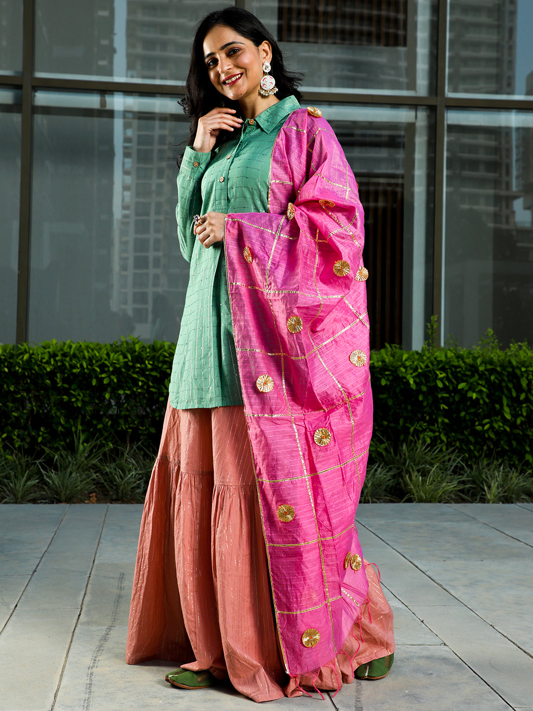 Green & Pink Sequin Lehenga Choli With Dupatta