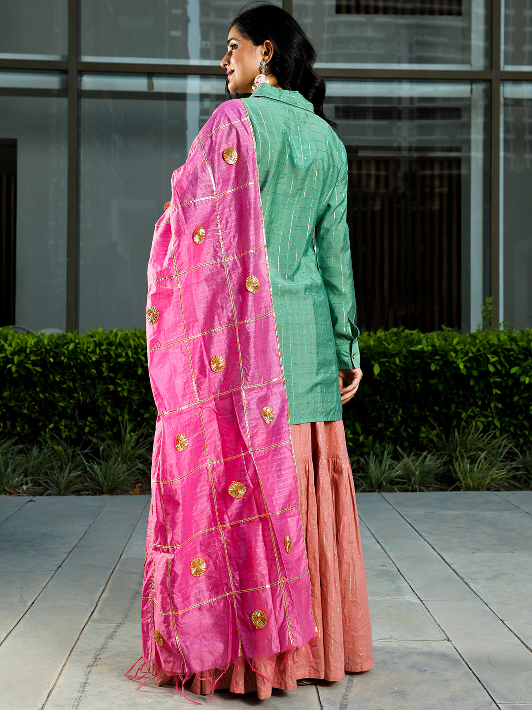 Green & Pink Sequin Lehenga Choli With Dupatta