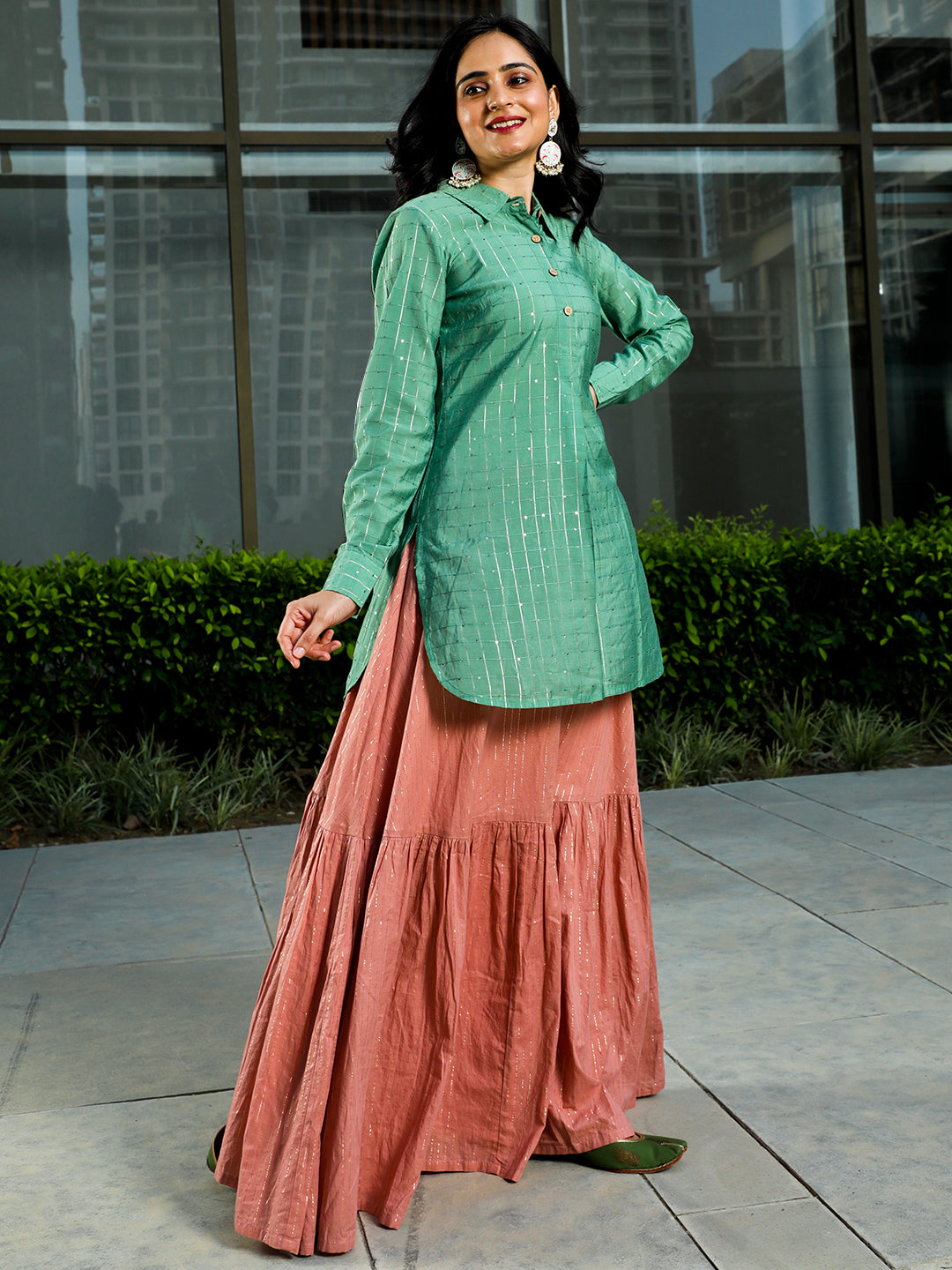 Green & Pink Sequin Lehenga Choli With Dupatta