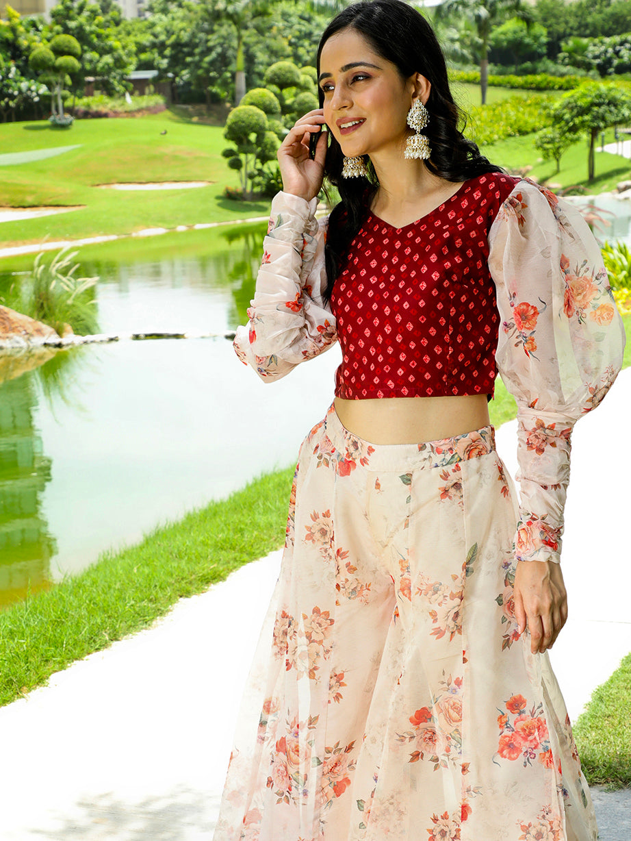 Cream Maroon Floral Co Ord Set