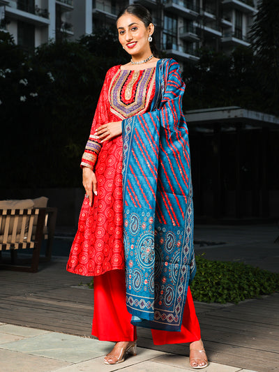 Red Printed Kurta Palazzo With Dupatta