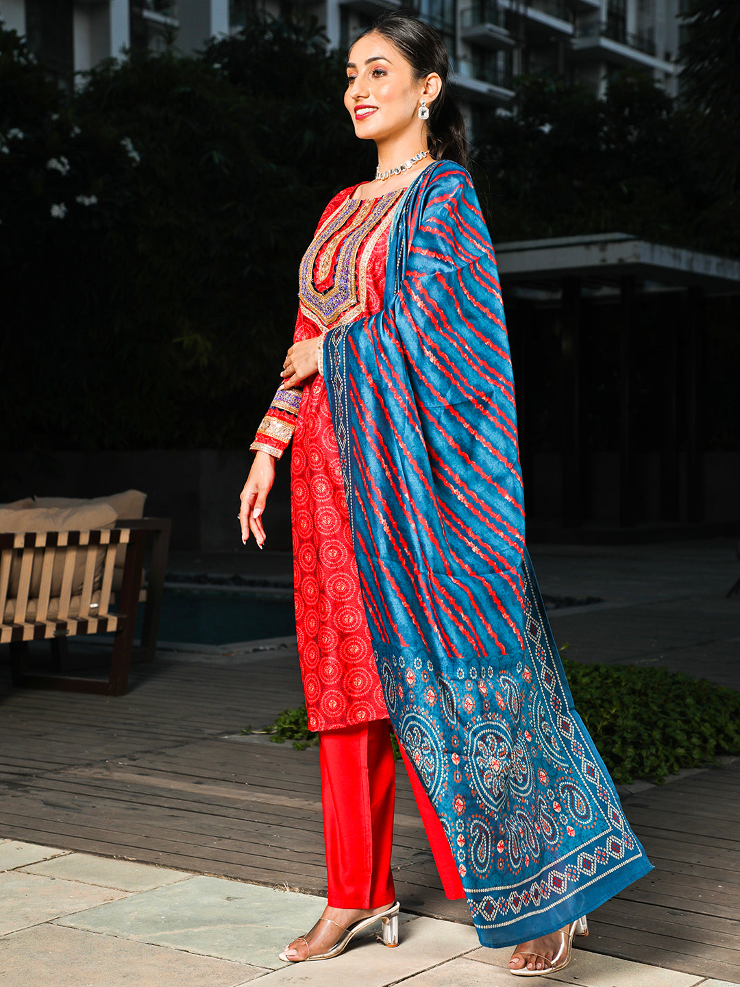 Red Printed Kurta Palazzo With Dupatta