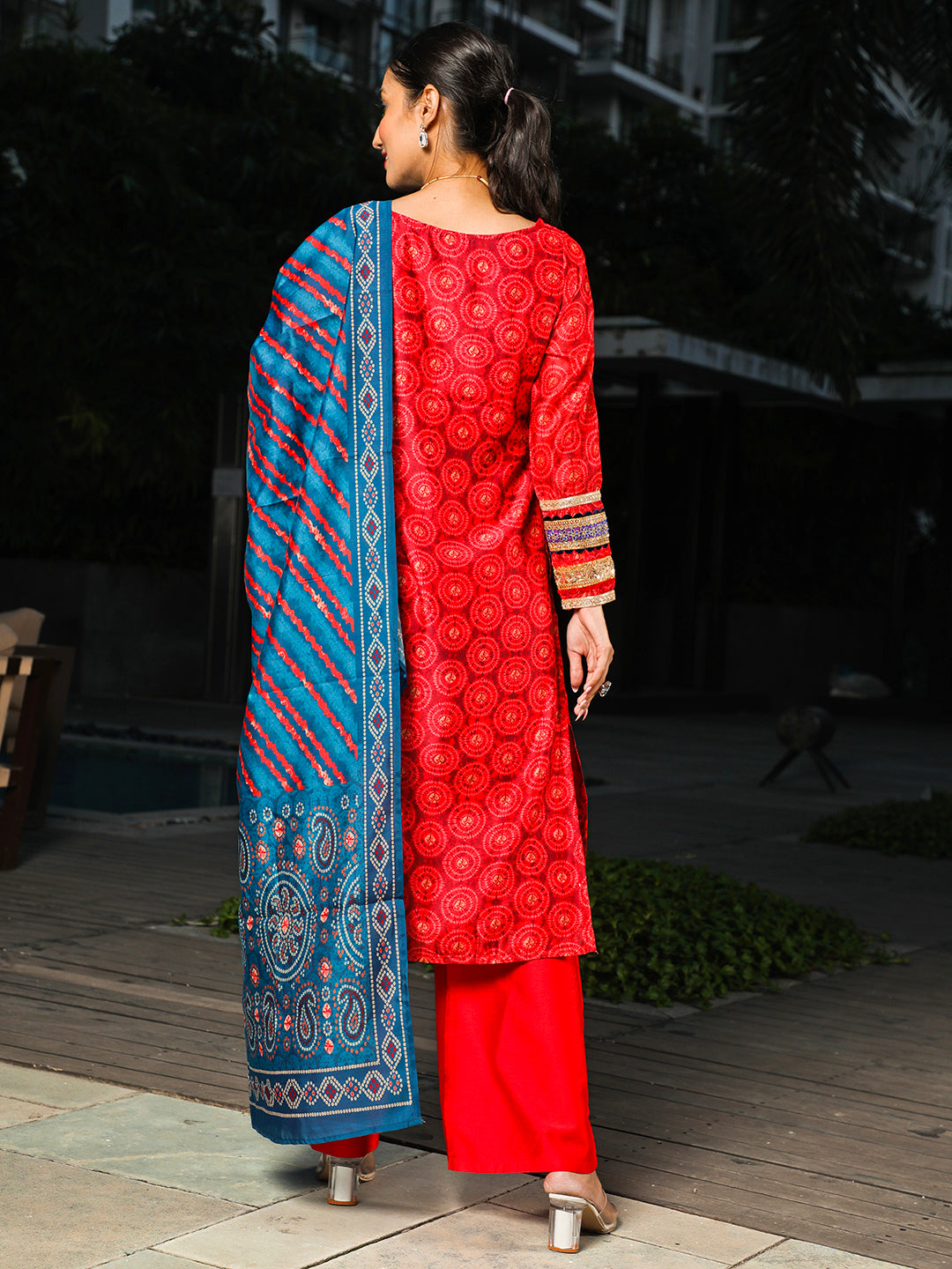 Red Printed Kurta Palazzo With Dupatta