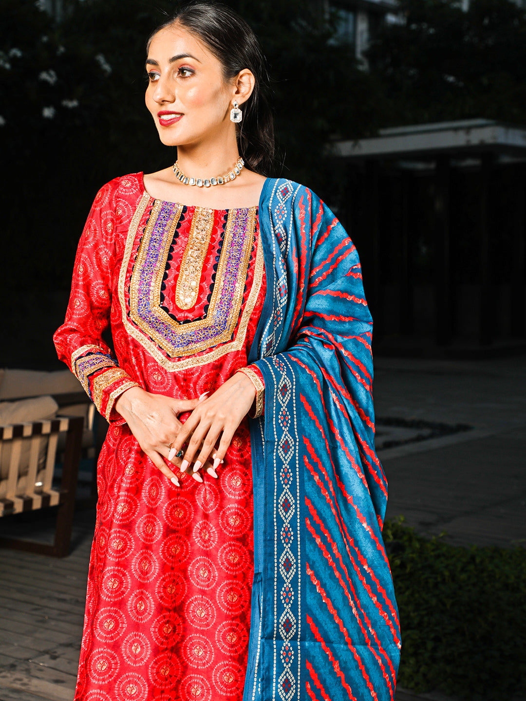 Red Printed Kurta Palazzo With Dupatta