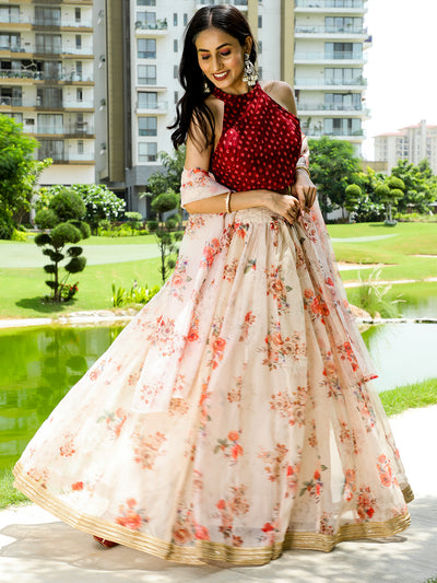 Cream Maroon Floral Print Lehenga Choli With Dupatta