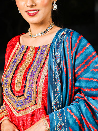 Red Printed Kurta Palazzo With Dupatta