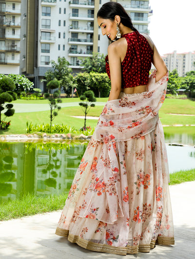 Cream Maroon Floral Print Lehenga Choli With Dupatta