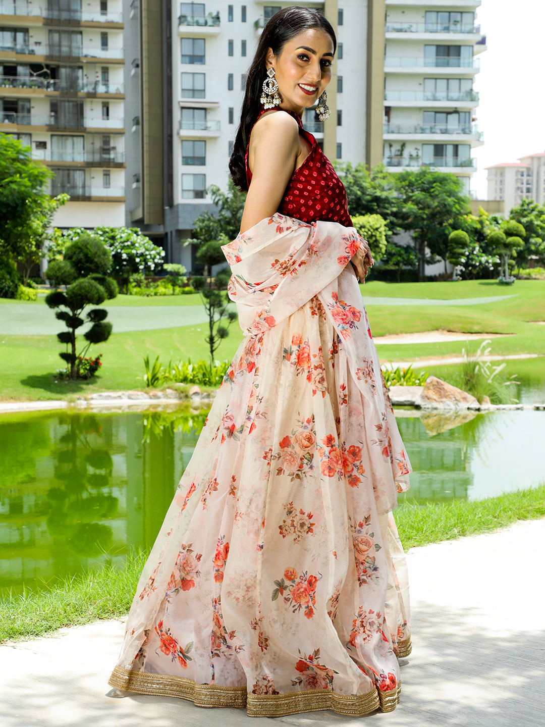 Cream Maroon Floral Print Lehenga Choli With Dupatta