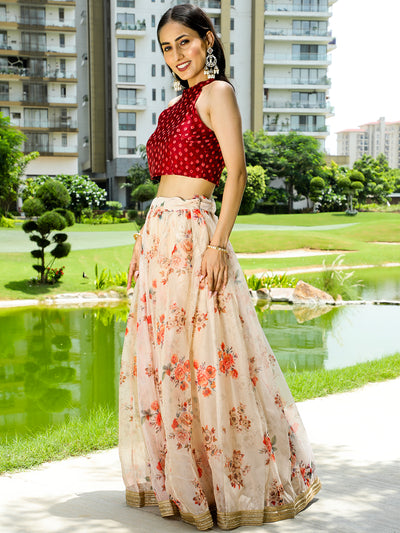 Cream Maroon Floral Print Lehenga Choli With Dupatta