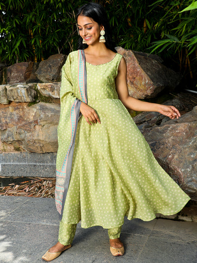 Green Digital Print Anarkali Pant With Dupatta