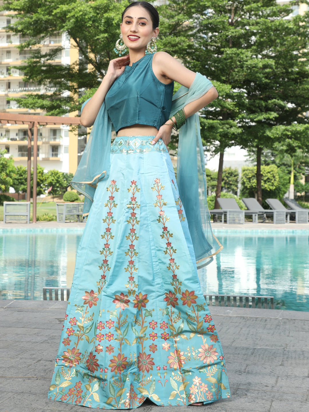 Blue Floral Print Lehenga Choli Set With Dupatta