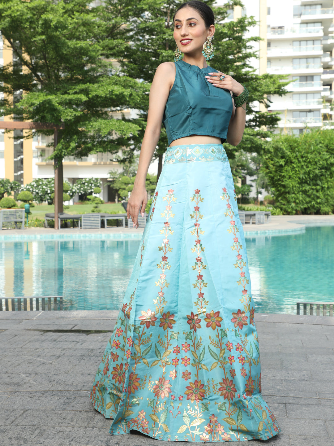 Blue Floral Print Lehenga Choli Set With Dupatta