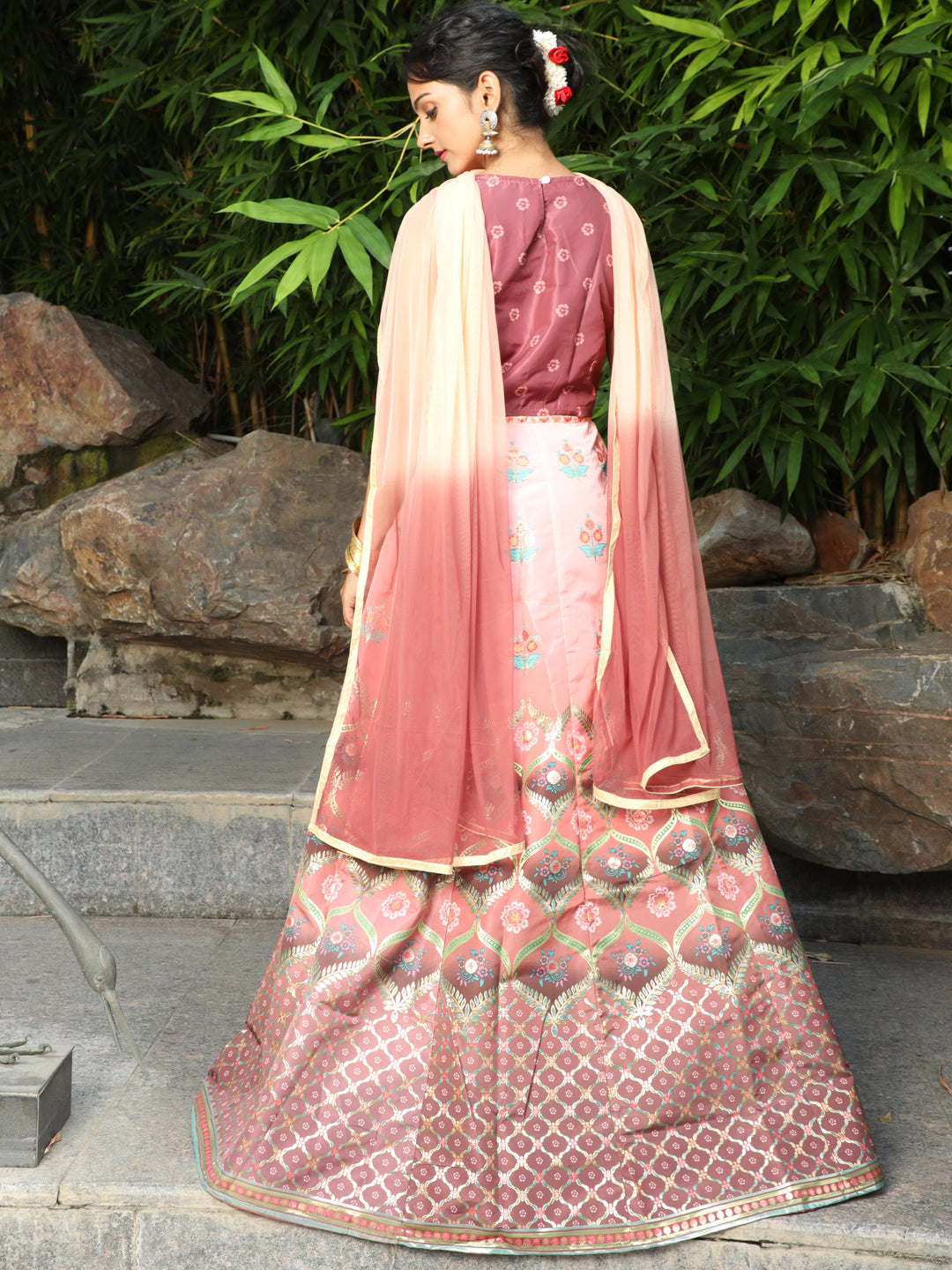 Brown Floral Print Lehenga Choli Set