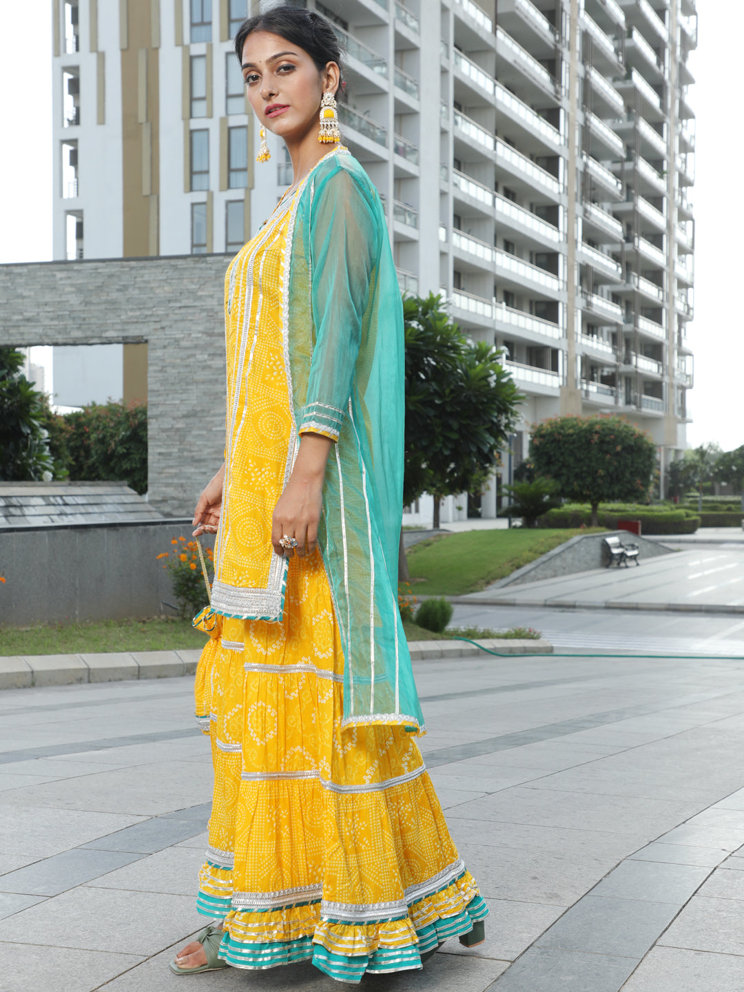Yellow Bandhani Print Kurta Sharara With Jacket & Potali Bag
