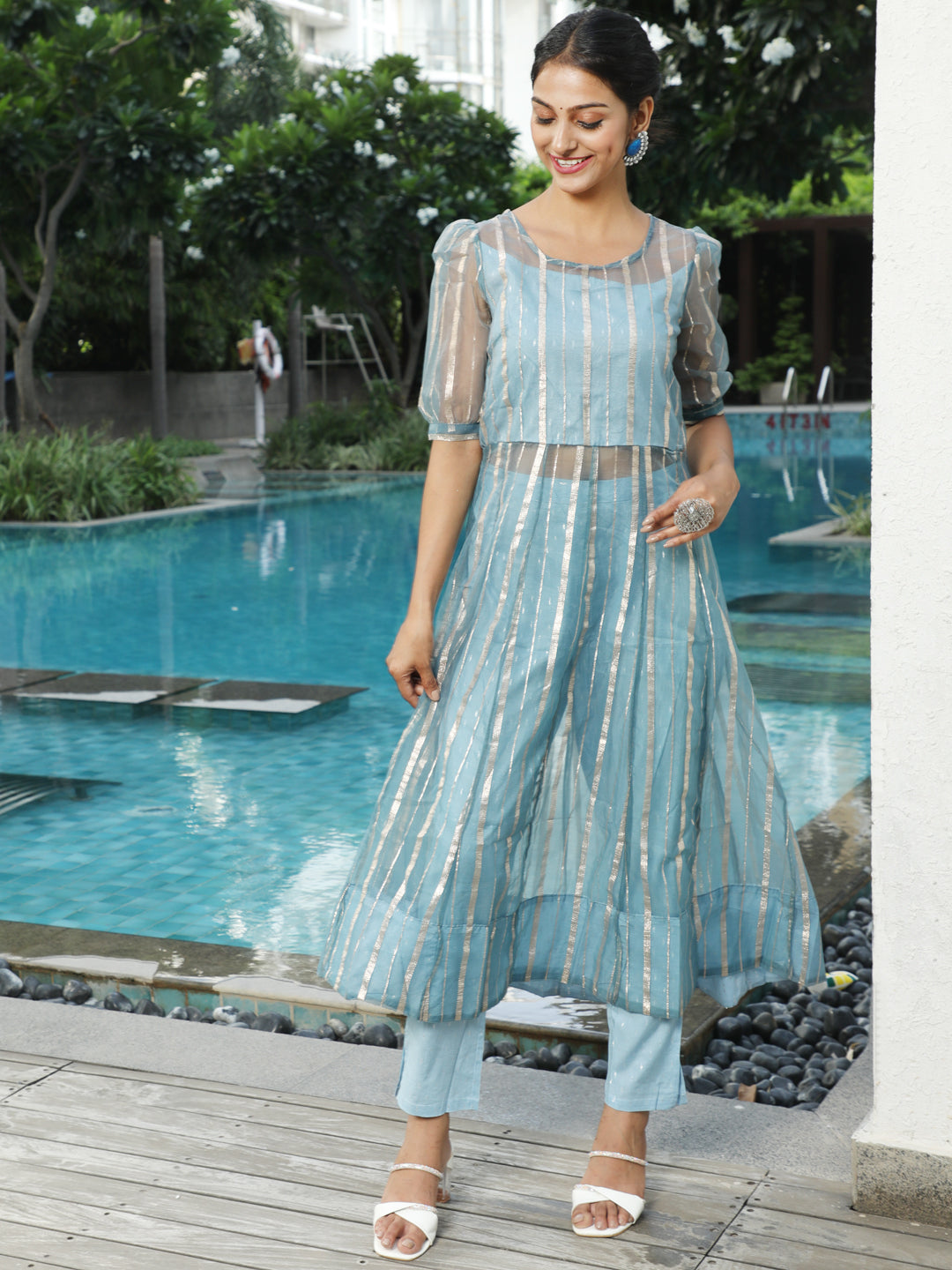 Blue Zari Work Anarkali With Pant