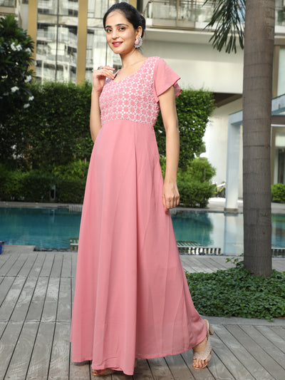 Pink Mirror Work Flared Maxi Dress