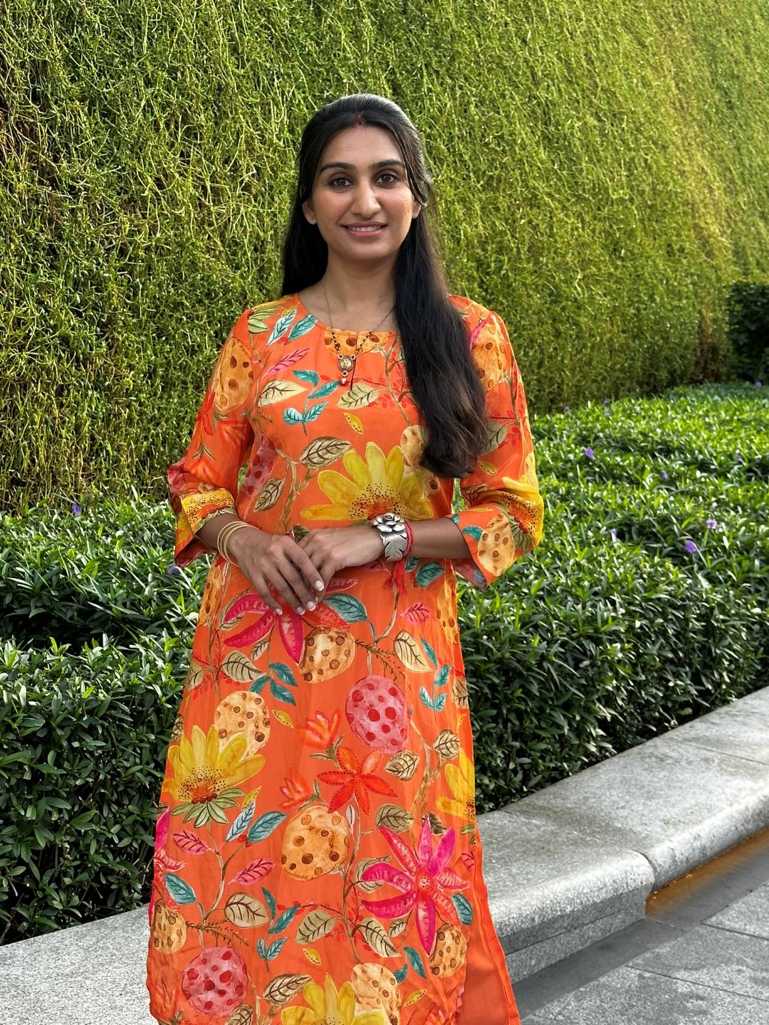 Orange Floral Viscose Crepe Kurta Palazzo