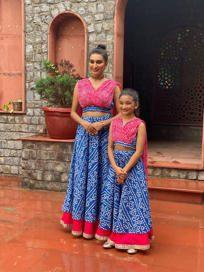 Blue Bandhani Layered Lehenga Choli Mother Daughter Combo