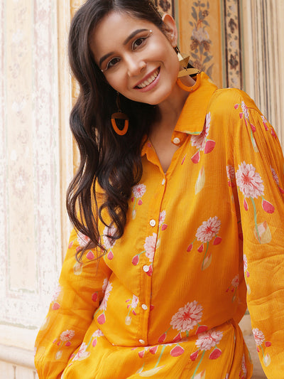 Yellow Floral Print Shirt With Palazzo