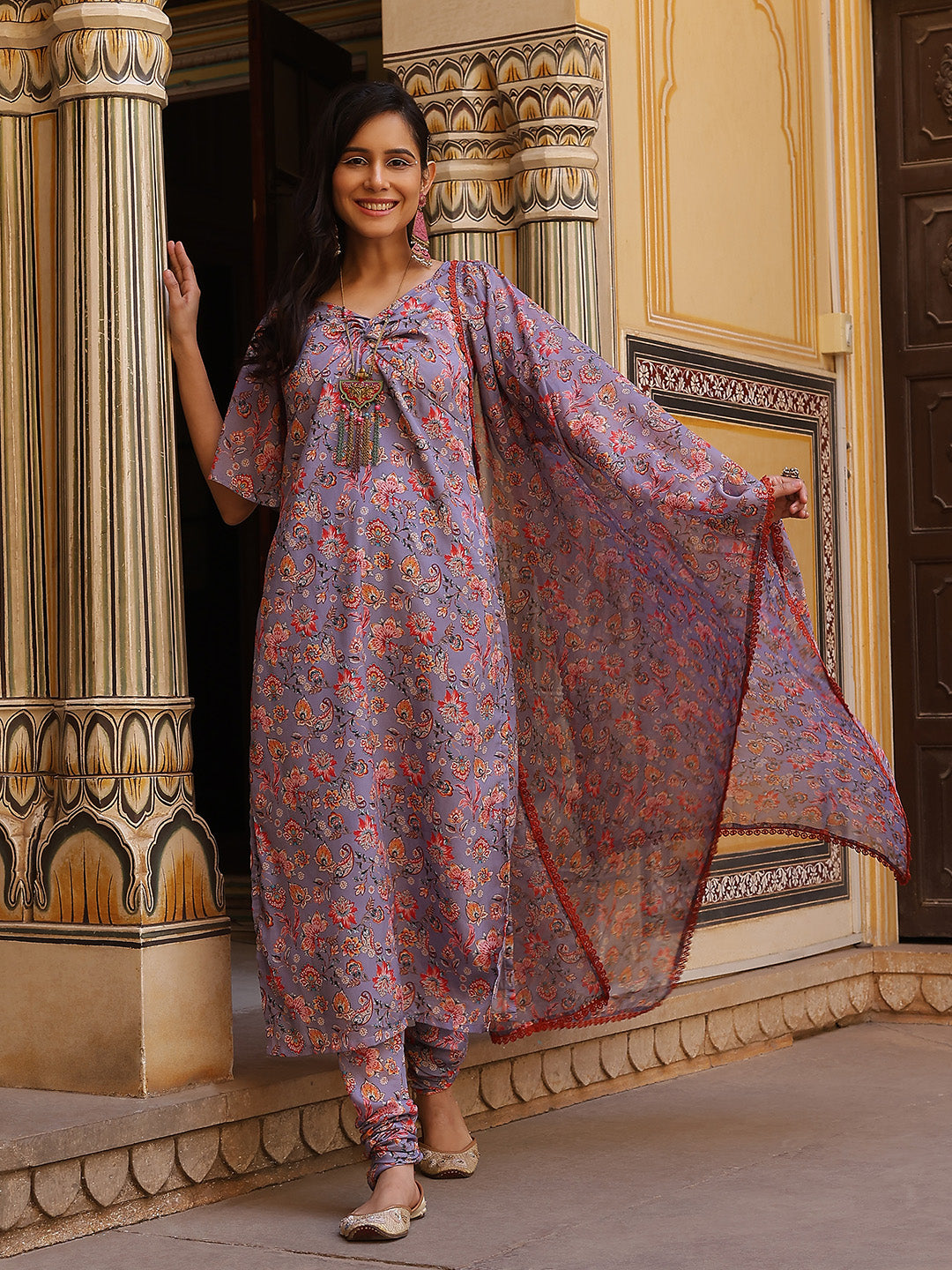 Lavender Floral Print Twisted Neck Kurta Churidar With Dupatta