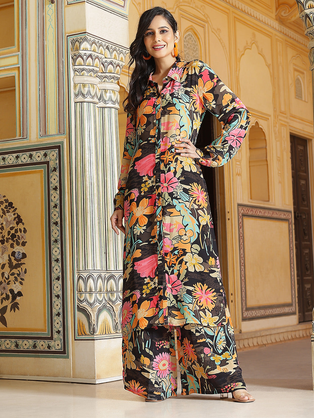 Black Floral Print Button Down Kurta With Pant