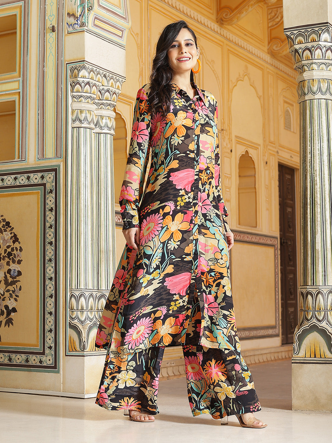 Black Floral Print Button Down Kurta With Pant