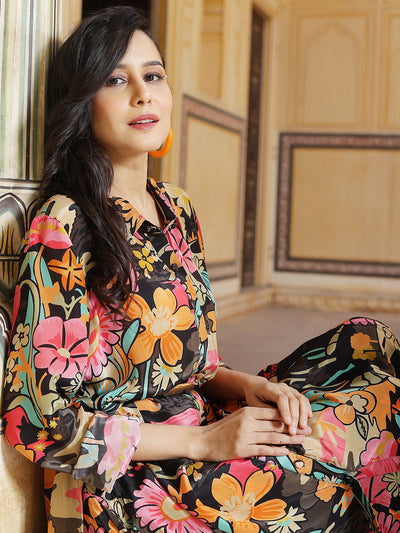 Black Floral Print Button Down Kurta With Pant