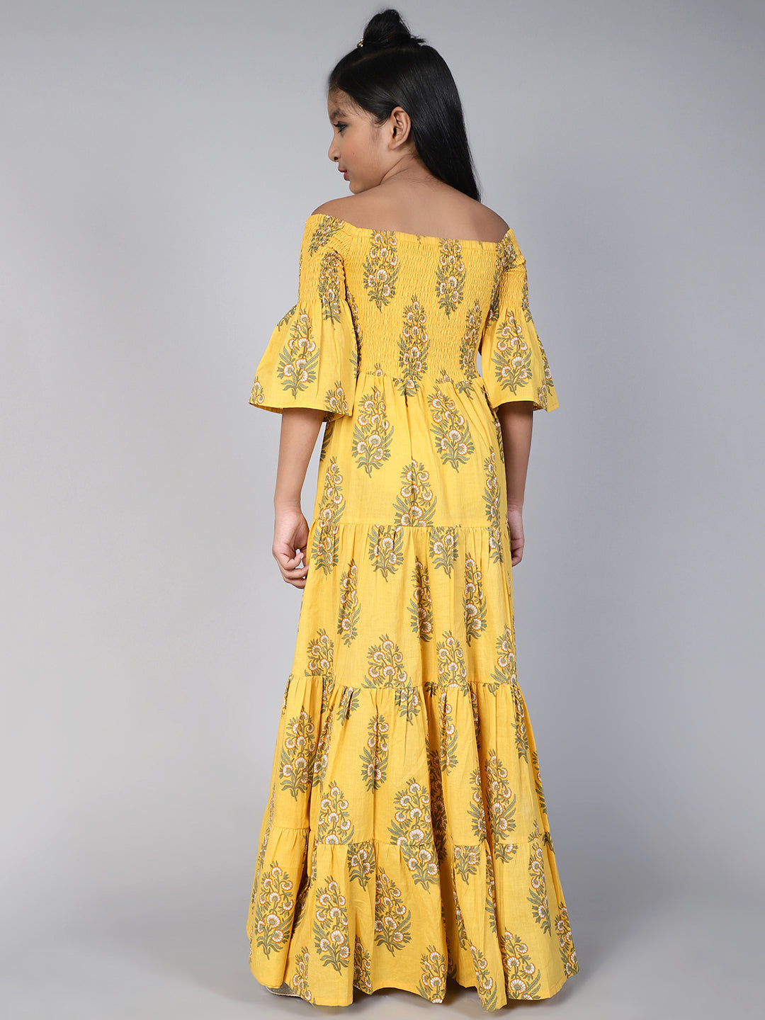 Yellow Floral Print Tiered Maxi Dress
