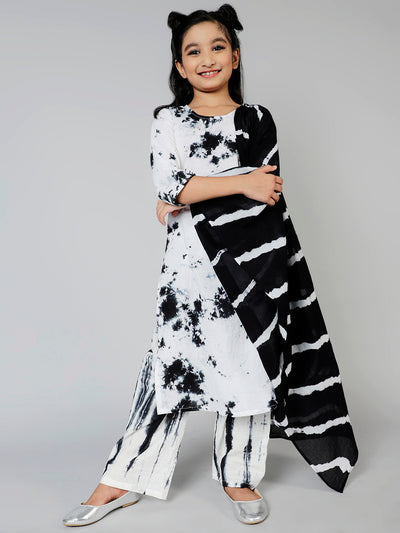 White & Black Tie-Dye Kurta Palazzo With Dupatta