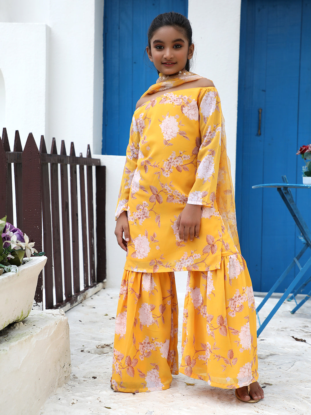 Yellow Floral Print Kurta Sharara With Dupatta