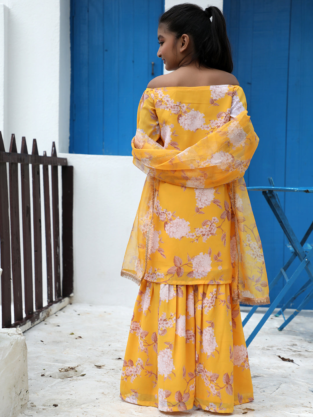 Yellow Floral Print Kurta Sharara With Dupatta