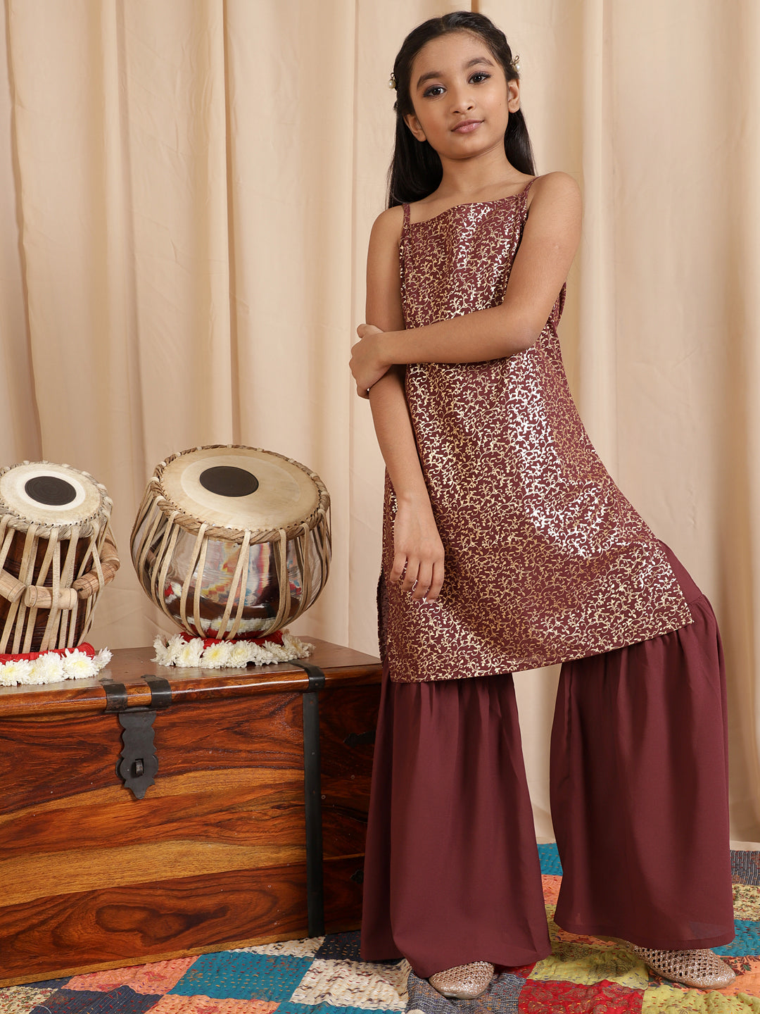 Burgundy Foil Printed Kurta With Sharara