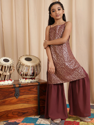 Burgundy Foil Printed Kurta With Sharara