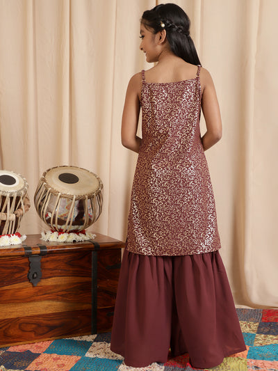 Burgundy Foil Printed Kurta With Sharara