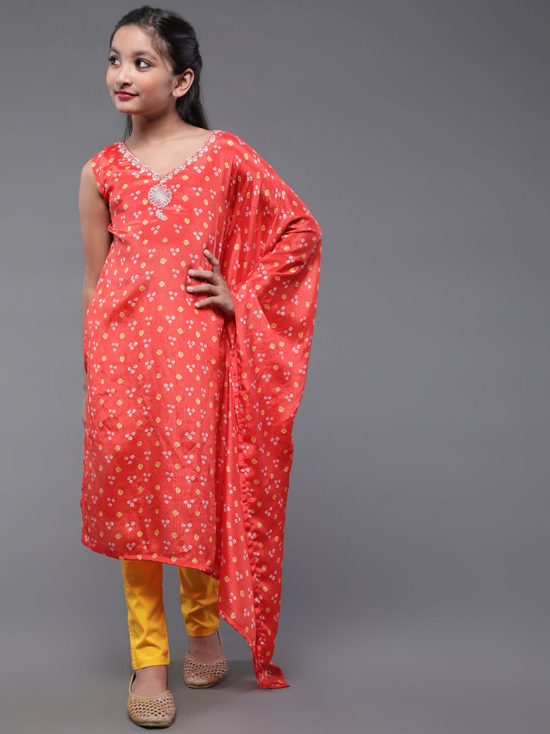 Red Printed Kurta With Embroidery Details