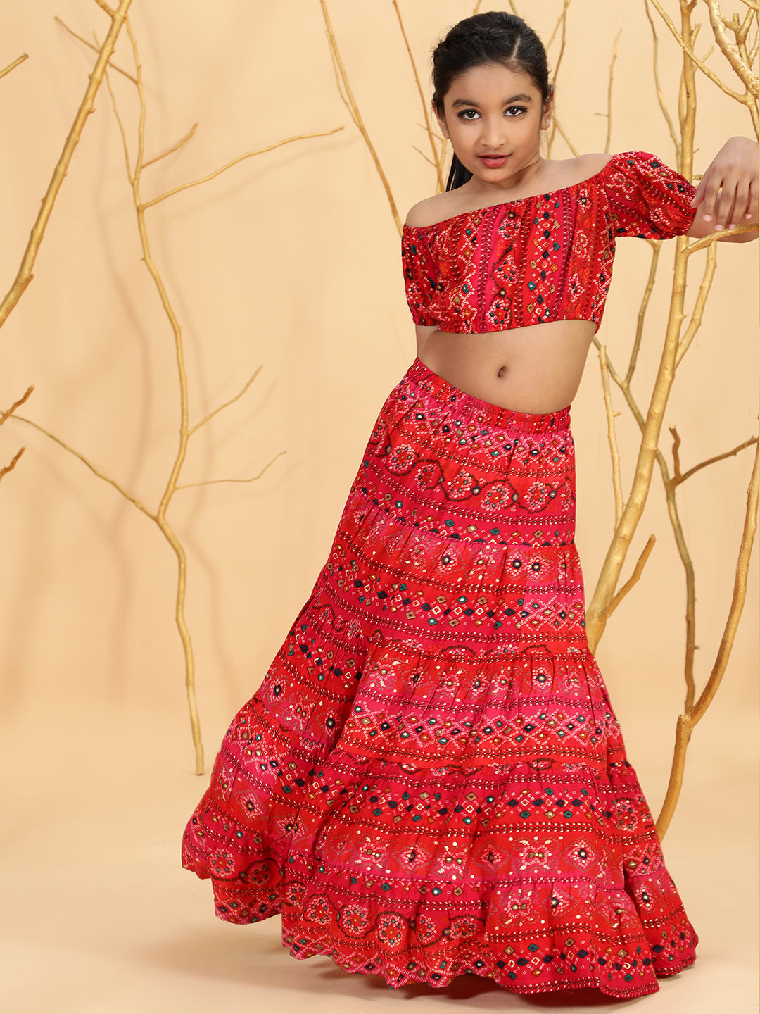 Red Gold Bandhani Print Crop Top With Skirt