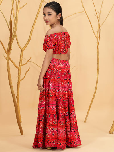 Red Gold Bandhani Print Crop Top With Skirt