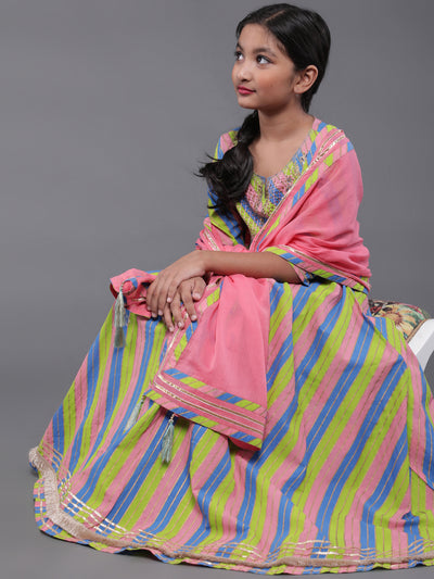 Multicolor Leheriya Print A-Line Dress With Dupatta