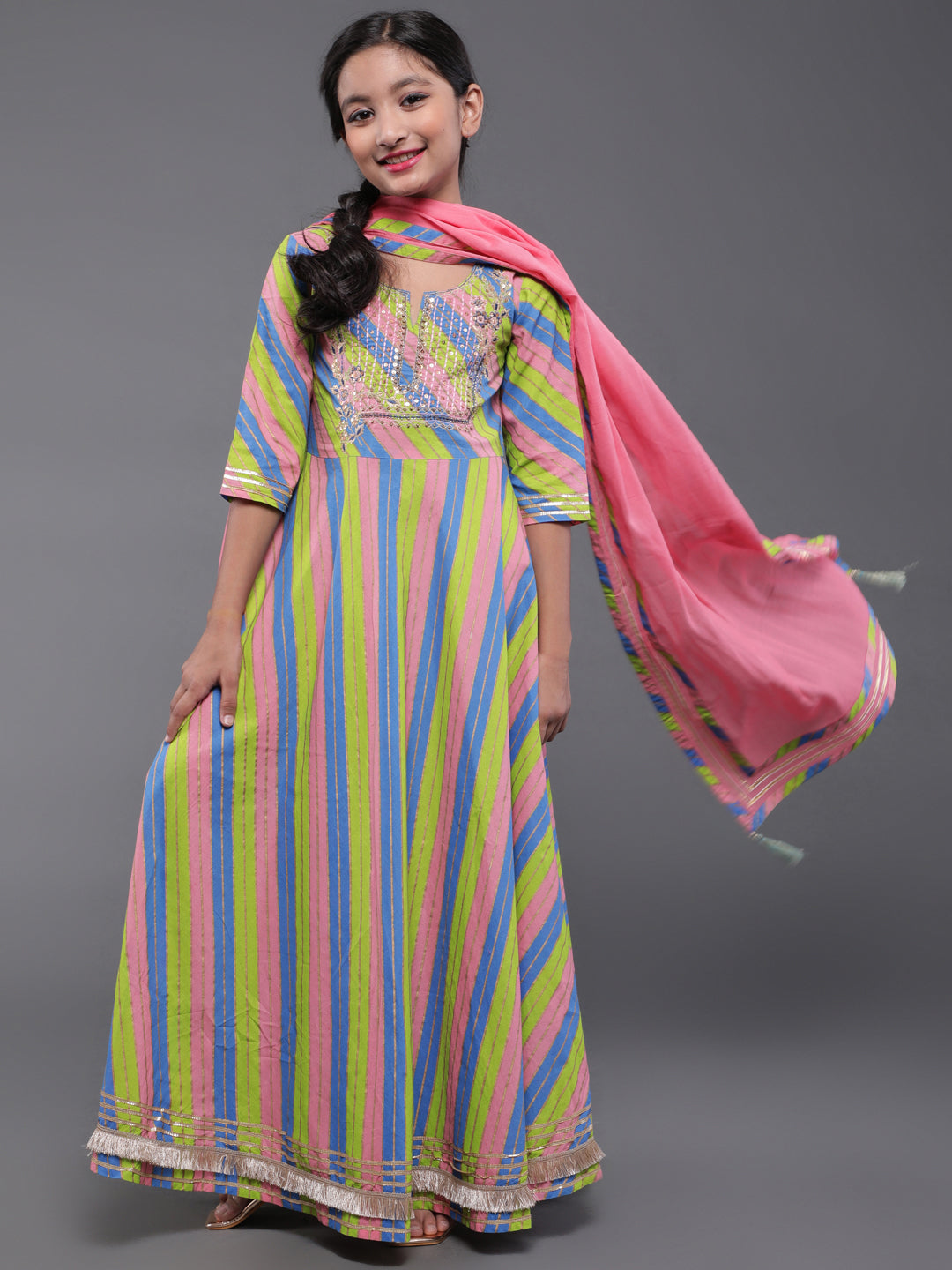 Multicolor Leheriya Print A-Line Dress With Dupatta