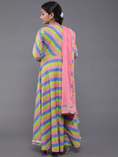 Multicolor Leheriya Print A-Line Dress With Dupatta