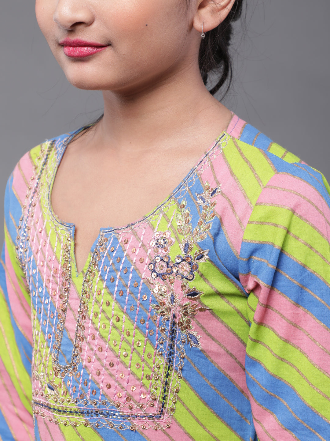 Multicolor Leheriya Print A-Line Dress With Dupatta
