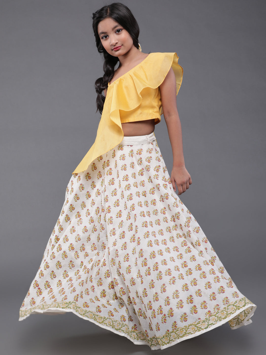 Yellow & White Block Printed Lehenga Choli