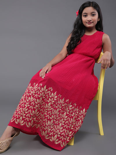 Pink Floral Print Pleated Maxi Dress